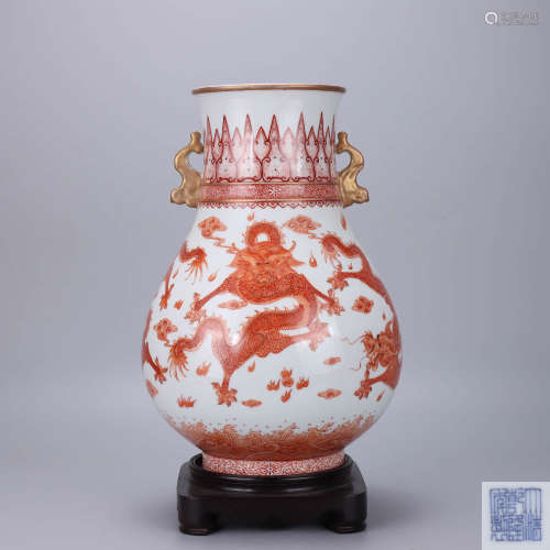 A Chinese Iron Red Dragon Pattern Porcelain Double Ears Zun
