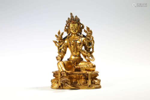 A Chinese Gem Inlaid Gild Copper Guanyin Statue