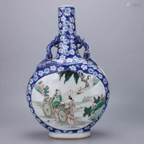 A Chinese Blue and White Multi Colored Figure Porcelain Oblate Vase