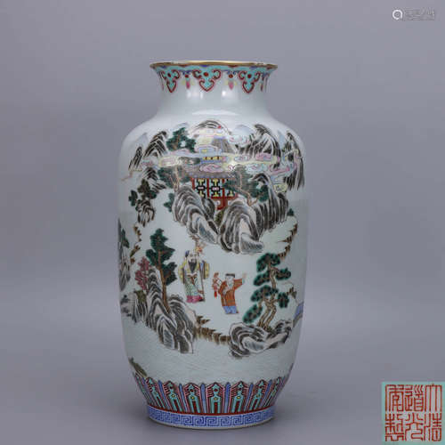 A Chinese Famille Rose Landscape Porcelain Tube Vase