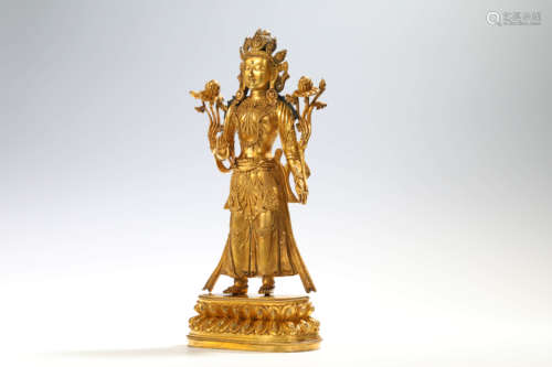 A Chinese Gild Copper Guanyin Statue