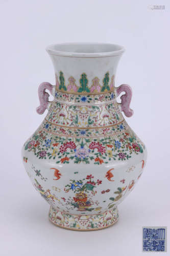A Chinese Famille Rose Floral Porcelain Double Ears Zun