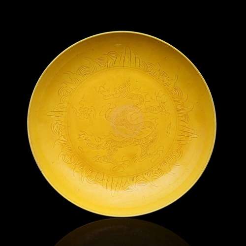 A Chinese Yellow Glaze Dragon Pattern Porcelain Plate