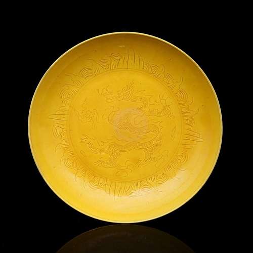 A Chinese Yellow Glaze Dragon Pattern Porcelain Plate