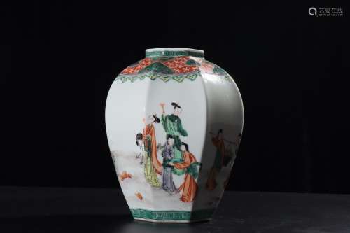 A Chinese Multi Colored Fairy Painted Porcelain Hexagon Jar