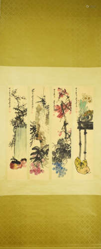 4pcs Chinese Flowers Painting Screen, Wu Changshuo  Mark