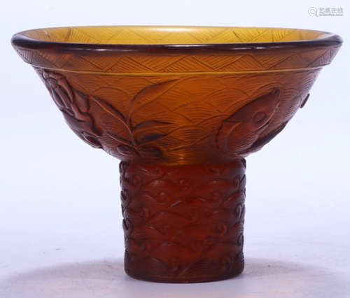 A GLASS CARVED LOTUS PATTERN BOWL