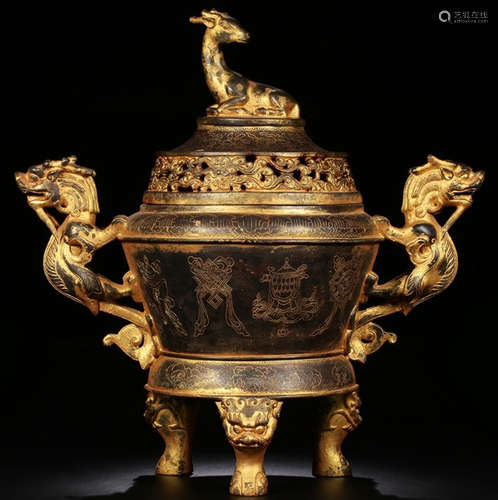 A GILT BRONZE CAST BOGU PATTERN TRIPOD CENSER