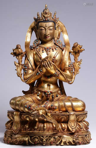 A GILT BRONZE CAST TARA BUDDHA STATUE