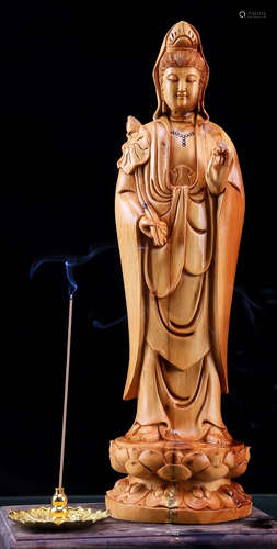 A YABAI WOOD CARVED GUANYIN BUDDHA STATUE