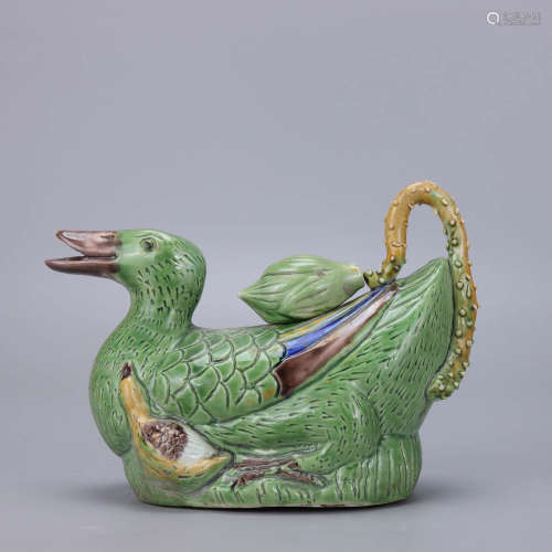 A Chinese Green Glazed Porcelain Duck Ornament
