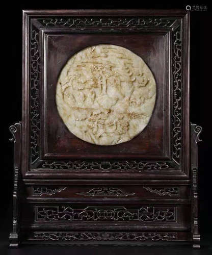 A RED WOOD WITH HETIAN JADE CRANE PATTERN SCREEN