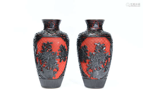 A Pair of Chinese Carved Black Lacquerwork Vase