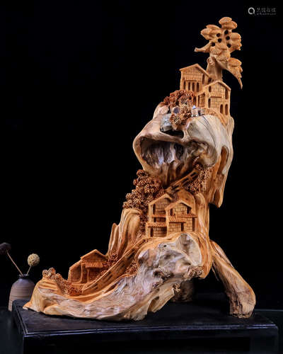 A TAIHANG YABAI WOOD CARVED LANDSCAPE ORNAMENT