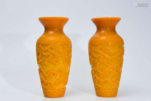 A Pair of Chinese Dragon Carved Glassware Yellow Vase