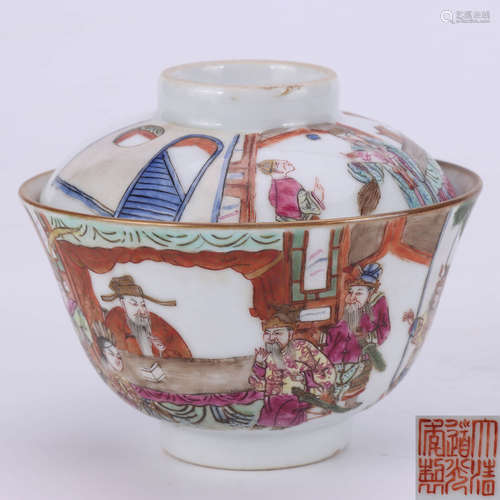 A Chinese Famille Rose Figure Painted Porcelain Bowl with Cover