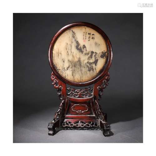 A Chinese Marble Landscape Painting Inlaid Rosewood Table Screen