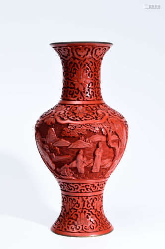 A Chinese Copper Carved Red Lacquerware Vase