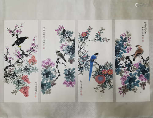 4 Chinese Flower&bird Painting Screen,Ku Yifei Mark