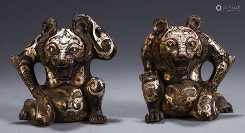 Pair Of Chinese Bronze Ornaments Embeded Silver