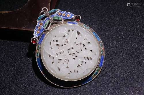 A Chinese Silver Enameling Blue Pendant Embeded Hetian Jade