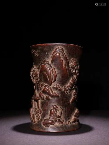 A Chinese Agarwood Brush Pot Of Story Carving