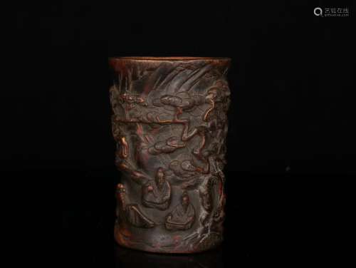 A Chinese Agarwood Brush Pot Of Story Carving