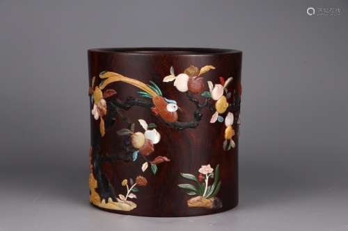 A Chinese Red Wood Brush Pot Embeded Gems