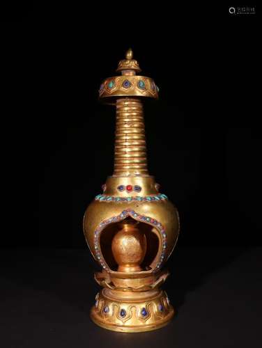 A Chinese Gilt Bronze Pagoda Embeded Gems