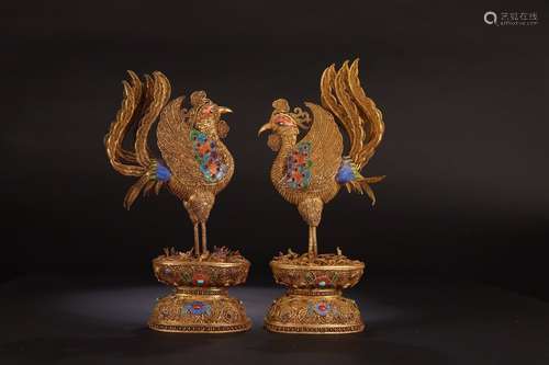 Pair Of Chinese Gilt Silver Ornament Of Phoenix Shaped