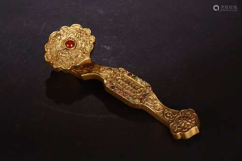 A Chinese Gilt Bronze Ruyi Shaped Ornament Embeded Gems