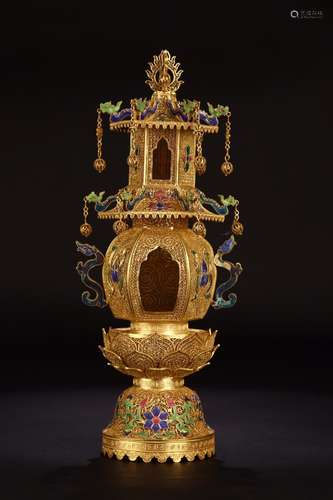 A Chinese Gilt Silver Pagoda With Gems Decorated