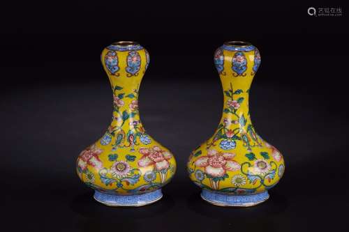 Pair Of Chinese Yellow Glazed Enameled Vases Of Floral