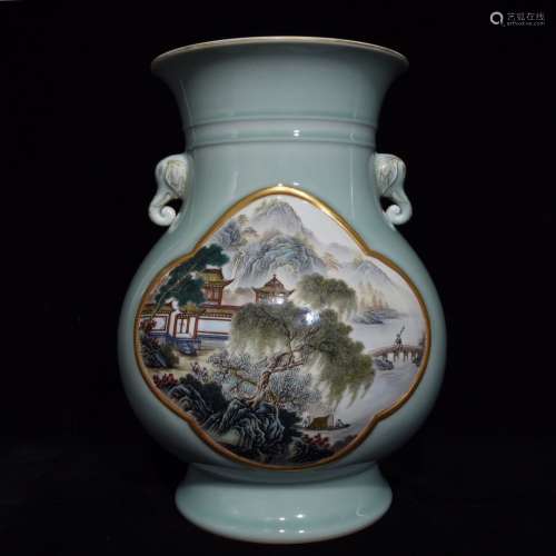 A Chinese Green Glazed Famille Rose Vase Of Landscape Painting