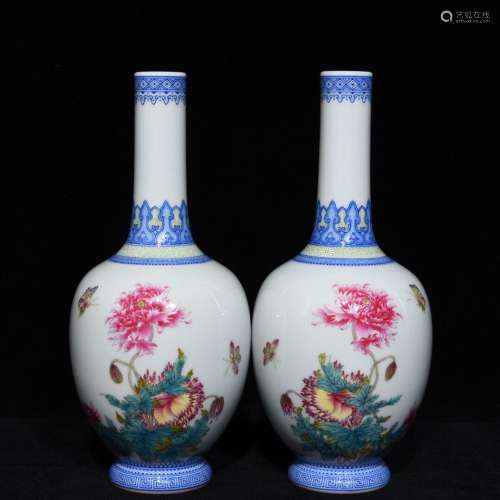 Pair Of Chinese Enameled Vases Of Floral&Bird