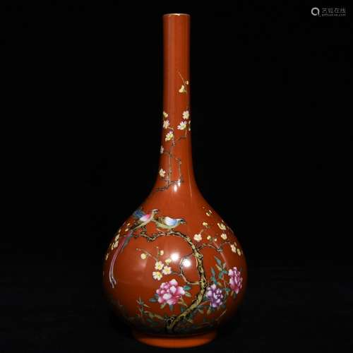 A Chinese Red Glazed Famille Rose Vase Of Floral