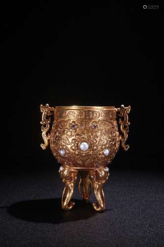 A Chinese Gilt Bronze Censer Embeded Gems With Dragon Shaped Ears
