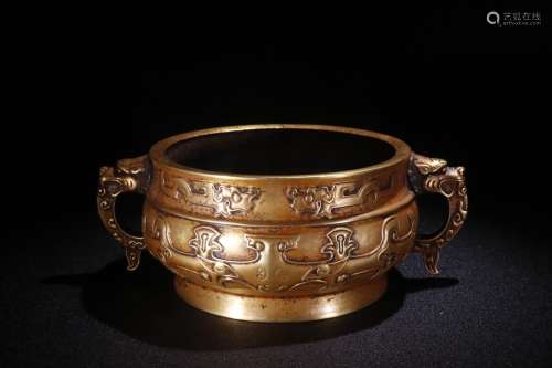 A Chinese Gilt Bronze Censer With Dragon-Shaped Ears