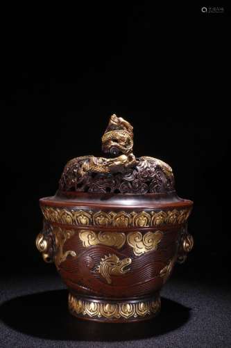 A Chinese Gilt Bronze Censer With Dragon Carving