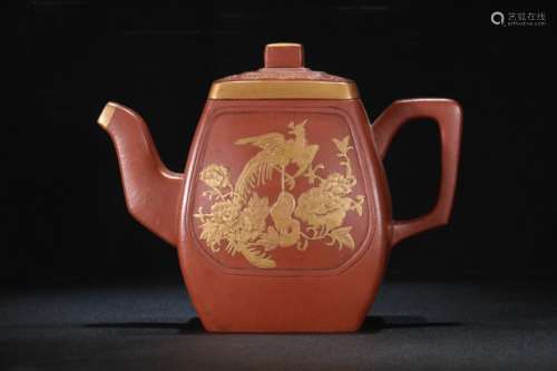 A Chinese Zisha Teapot Of Phoenix With Golden Painting