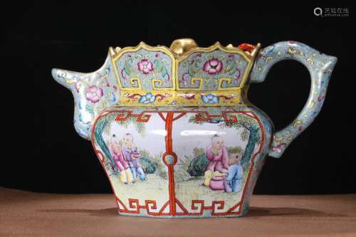 A Chinese Zisha Teapot Of Enameled Of Story Painting