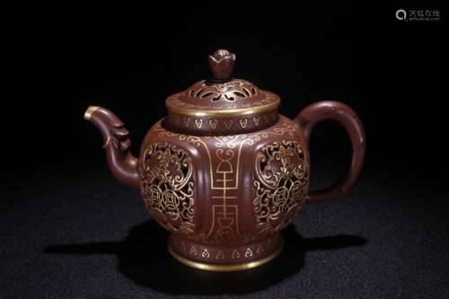 A Chinese Zisha Teapot Of Bat Painting With Gold