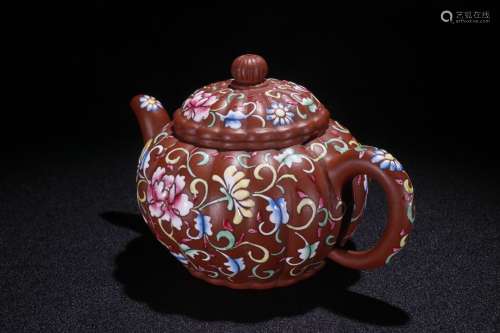 A Chinese Zisha Teapot Of Enameled Of Floral Painting
