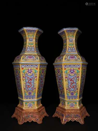 Pair Of Chinese Yellow Glazed Famille Rose Vases With Gilting Bases