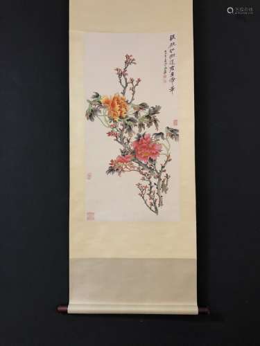 A Chinese Vertical Axis Painting Of Flowers With Mark