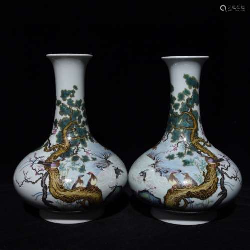 Pair Of Chinese Famille Rose Vases Of Bird Patterns