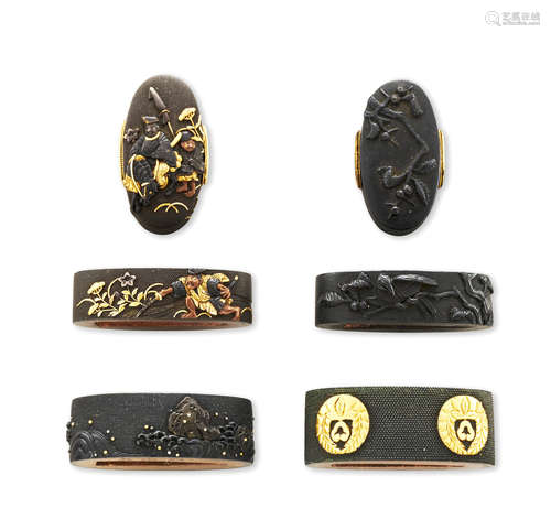 Two pairs of shakudo fuchi-gashira, and two shakudo fuchi Edo period (1615-1868), 19th century