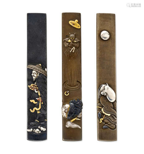 Two shibuichi kozuka and a shakudo kozuka The first by Oishi Akichika, the second by Hamano Noriaki, Edo period (1615-1868) or Meiji era (1868-1912), 19th century