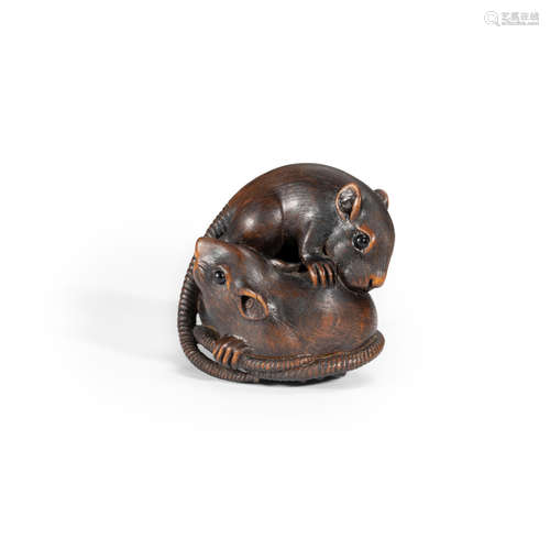 Tomokazu (active 19th century) A wood netsuke of a group of rats Edo period (1615-1868), 19th century