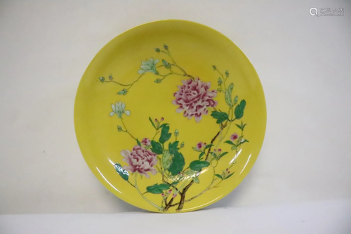 A fine yellow background famille rose plate